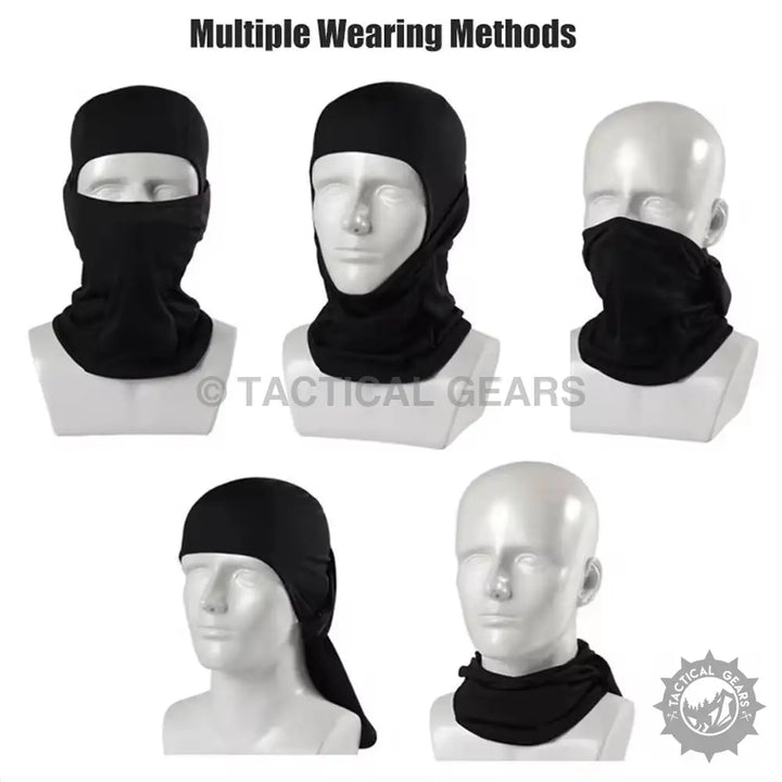 Black multi-functional balaclava neck gaiter cap shown in various wearing styles