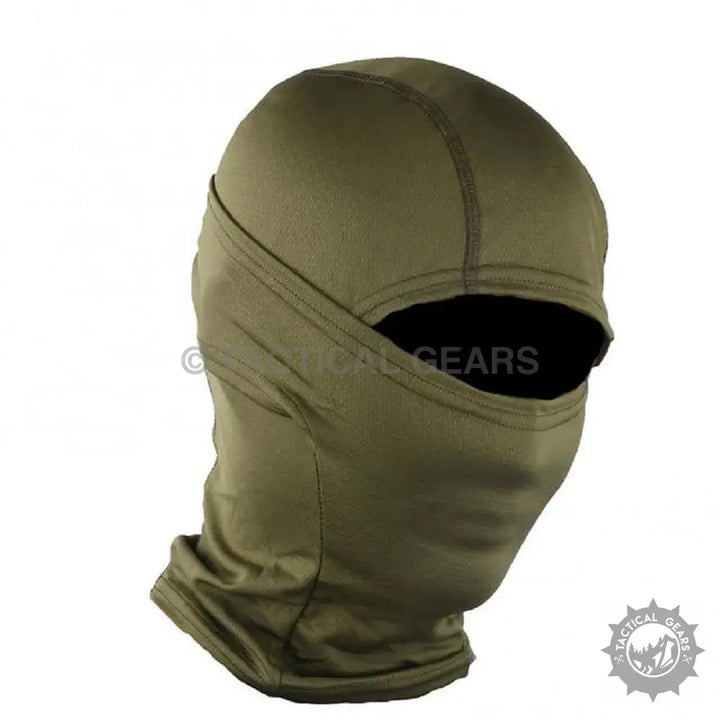 Olive green balaclava neck gaiter cap with a single eye opening for outdoor activities