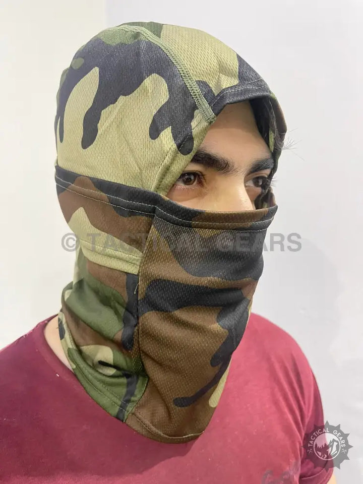 Camouflage balaclava neck gaiter with open face and neck protection for outdoor activities