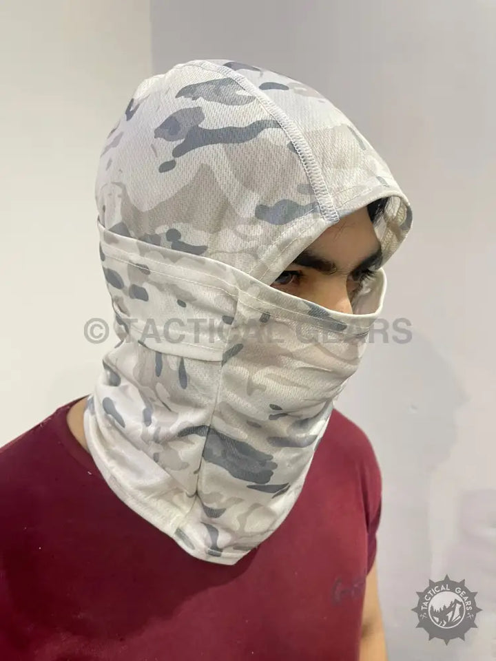White and grey camouflage balaclava neck gaiter cap with hood for outdoor activities