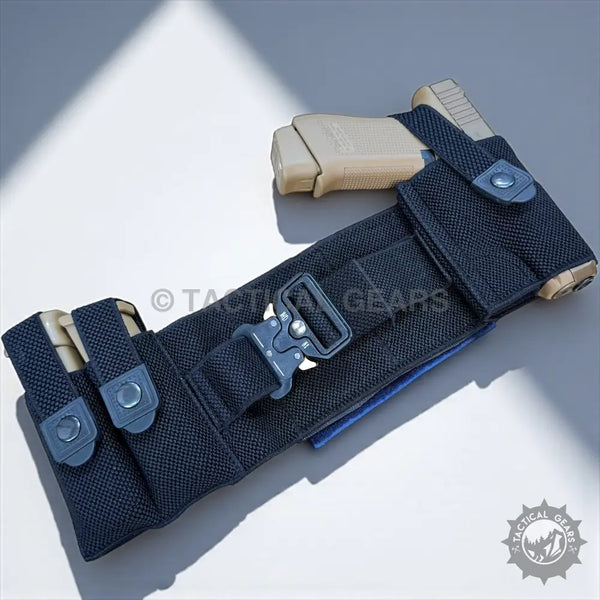 Black tactical belt with quick-release buckle, holster, and magazine pouches for concealed carry