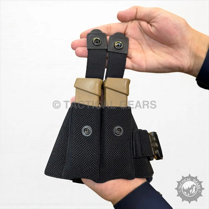 Black nylon double magazine pouch for concealed carry on Belly Band Holster with snap closures