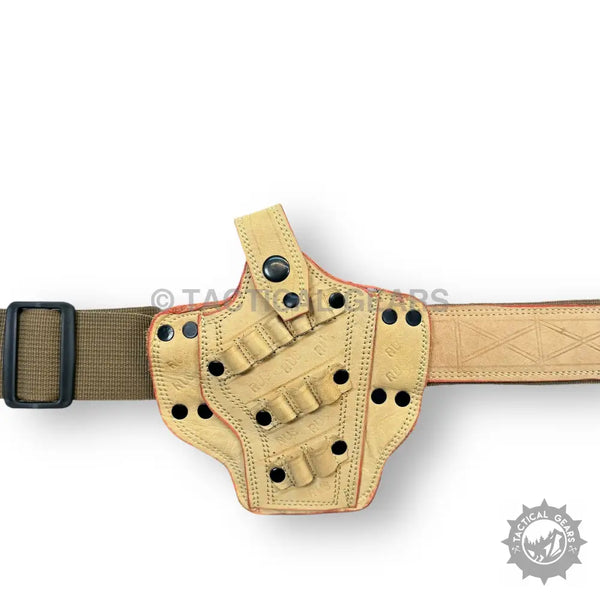 Tan leather Belly Holster with adjustable fit and durable ammo loops for pistols