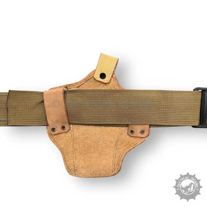 Light brown leather pistol holster with ammo loops attached to tan webbing belt