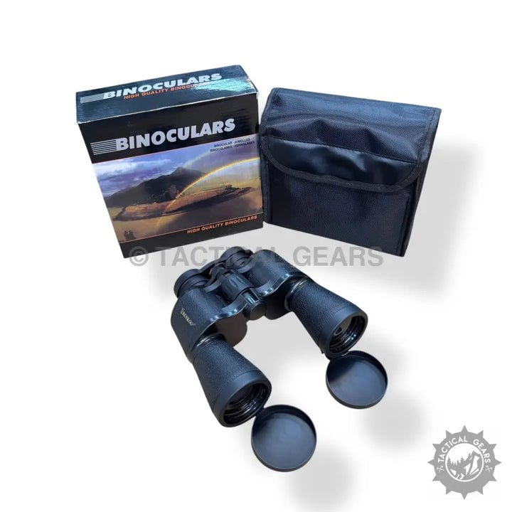 Black Benko 26x50 binoculars with lens caps, carrying case, and packaging