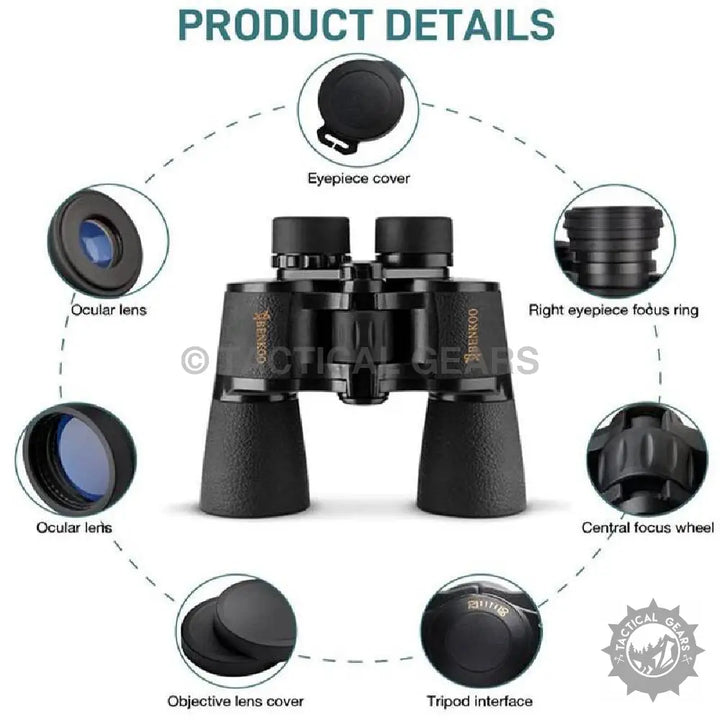 Black Benkoo 26x50 binocular with labeled components and accessories for outdoor use
