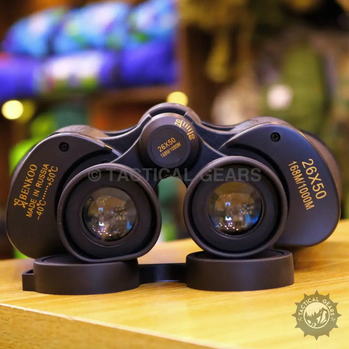 Black binoculars with gold lettering and textured grip, Benkoo 26x50 binoculars for outdoor viewing