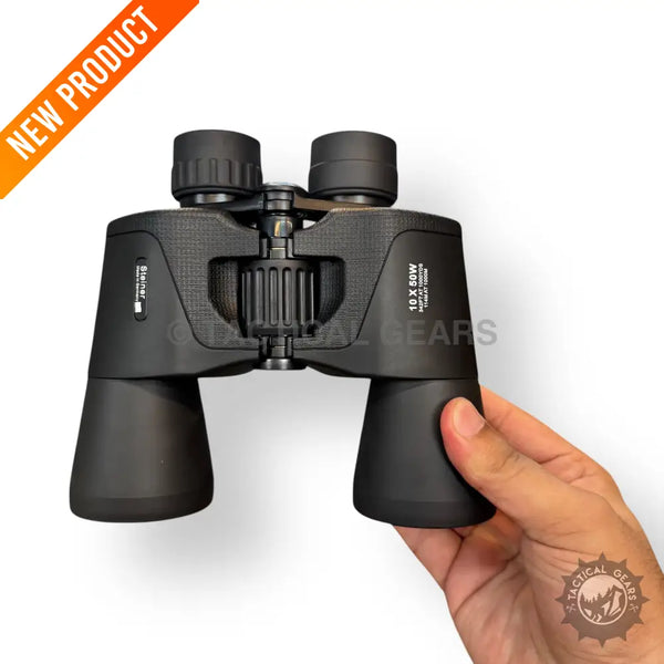 Black 10x50 binocular with textured grip and adjustable eyepieces for outdoor viewing