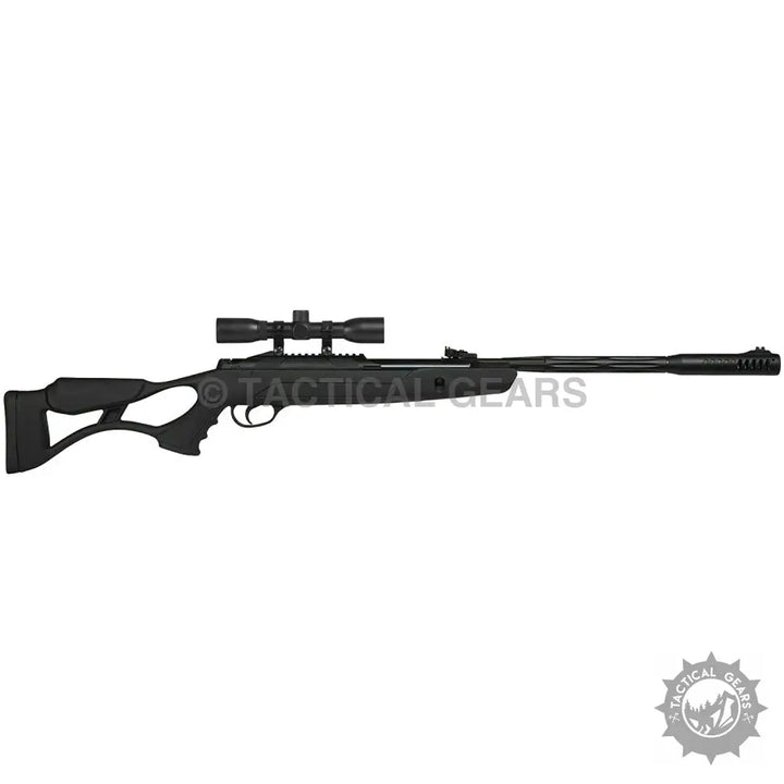 Black air rifle with optima 4x32 scope, Truglo fiber optics, steel barrel, synthetic thumbhole stock