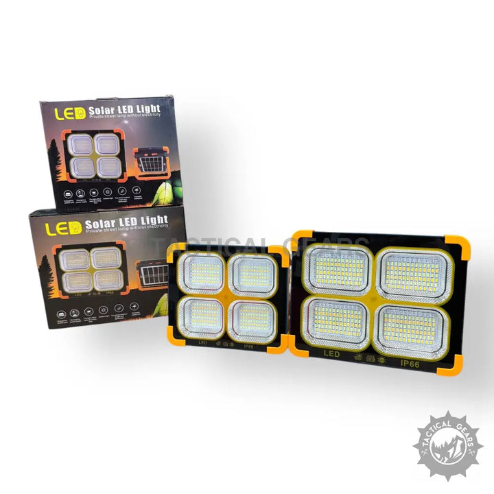 Black and Yellow Solar Flood Light with two LED solar floodlights and packaging boxes