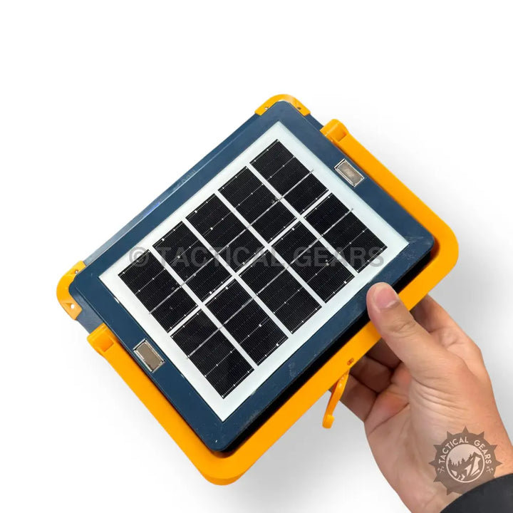 Handheld solar panel with yellow frame for Black and Yellow Solar Flood Light product