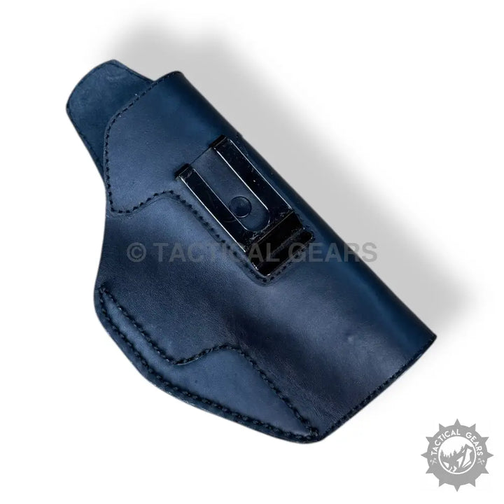 Dark blue leather Black Belt Holster with metal clip and visible stitching for easy carry