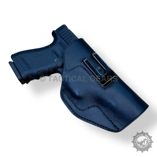 Black leather gun holster with metal clip, easy to wear and secure for Black Belt Holster