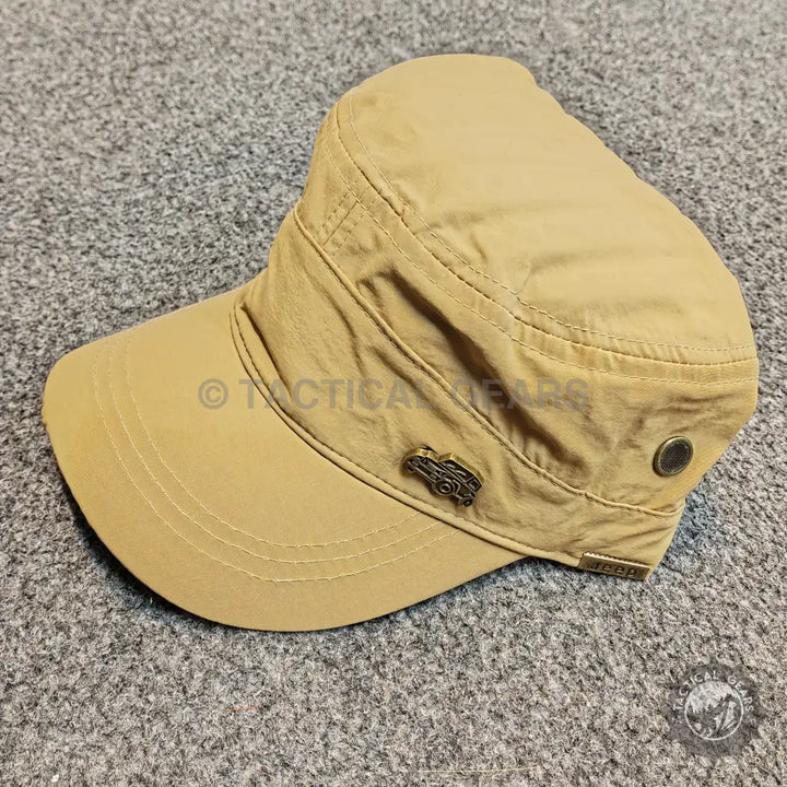Tan Jeep Military Hat with short brim and metal Jeep emblem, perfect military hat accessory