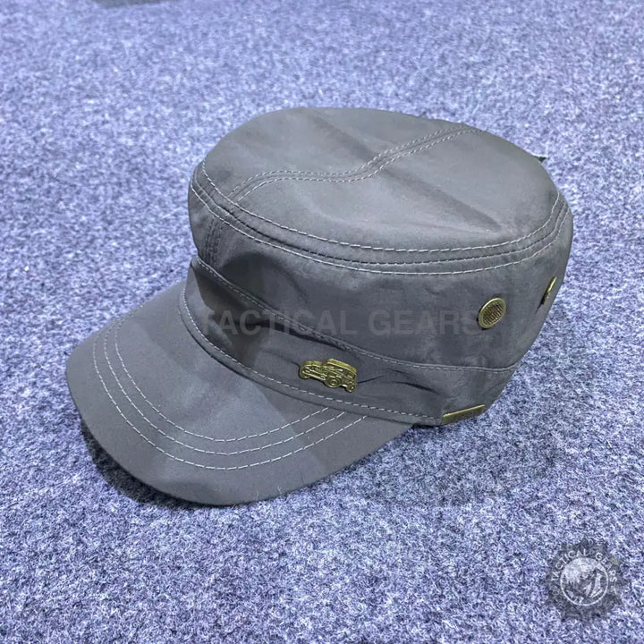 Grey Jeep Military Hat with metallic emblem and ventilation grommets, military style