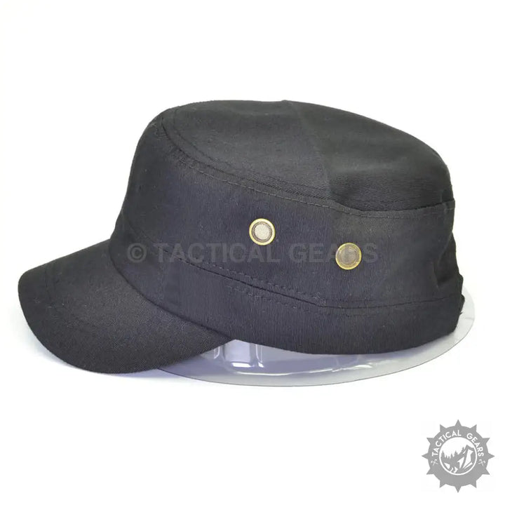 Black military-style cadet cap with short brim and brass eyelets, perfect for jeep military hat style