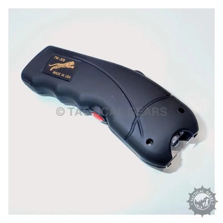 Black handheld stun gun with textured grip and metallic tip for self-defense safety