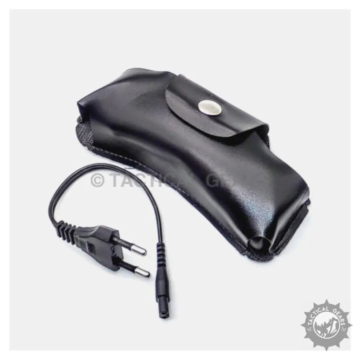 Black leather-like stun gun case with snap closure and European style charging cable