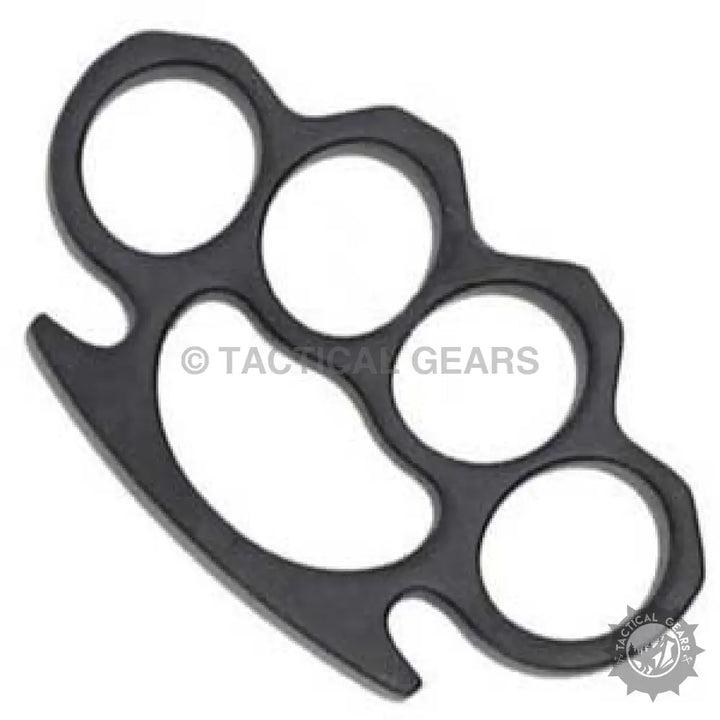 Black metal heavy steel knuckles with four finger holes and curved palm rest