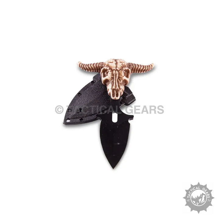 Skythia Death Call Push Knife with bull skull-adorned black blade and sheath