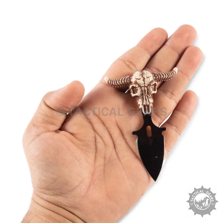 Skythia Death Call Push Knife with short fixed-blade dagger and bull skull handle