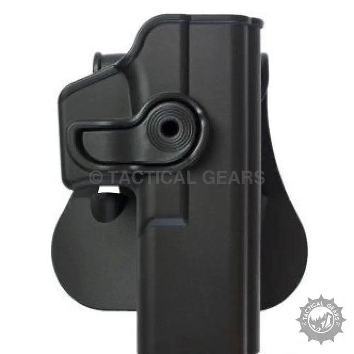 Black polymer pistol holster with quick-release button for Glock security