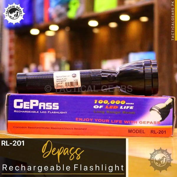 Black rechargeable LED flashlight in retail box Gepass RL-201 Rechargeable Flashlight
