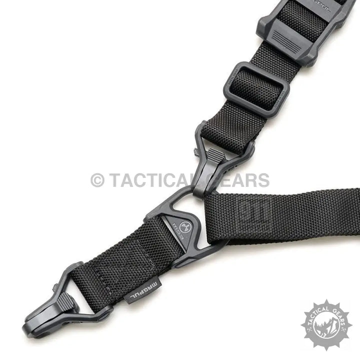 Black nylon tactical sling with plastic buckles and quick-release clips for shoulder comfort