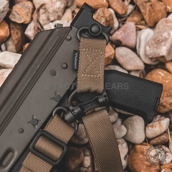 Black rifle with tan sling allows comfortable shoulder carry for Magpul Canvas Rifle Sling Belt