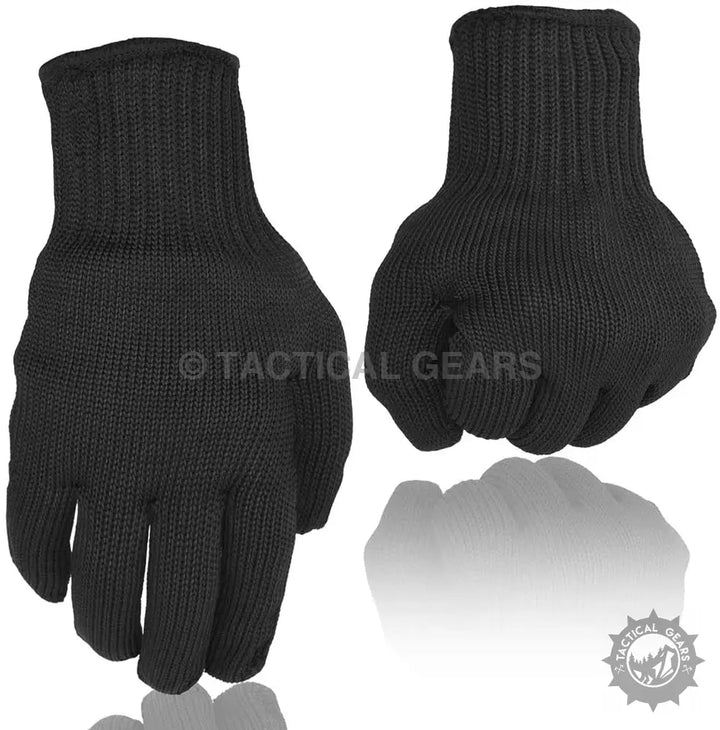 Black knit anti cut gloves with one open hand and one clenched for protection