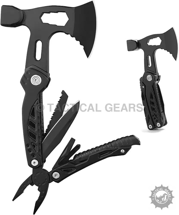 Black 28-in-1 multi-purpose tool with hammer, pliers, axe head, and fold-out blades