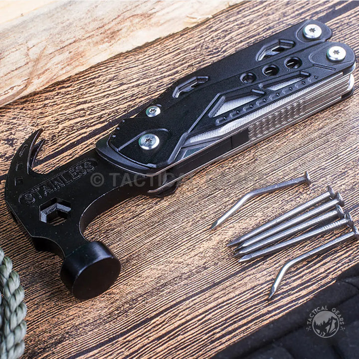 Black 28-in-1 Multi Purpose Tool with Hammer and Pliers for versatile outdoor use