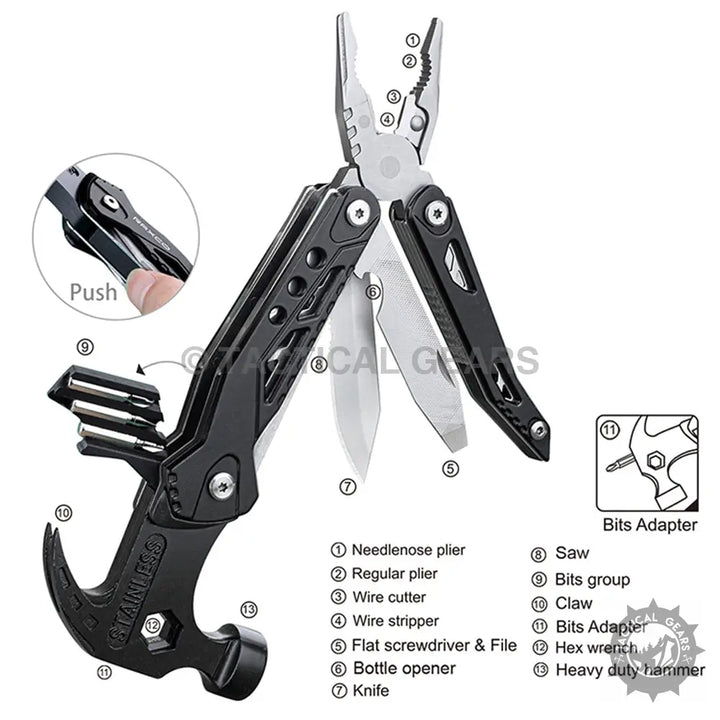Black 28-in-1 Multi Purpose Tool with pliers, hammer, knife, saw, screwdriver bits, and bottle opener