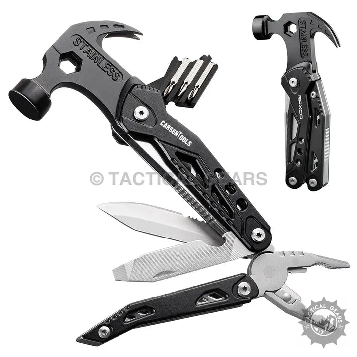 Black stainless steel 28-in-1 multi-purpose tool with hammer, pliers, knife, and screwdriver bits