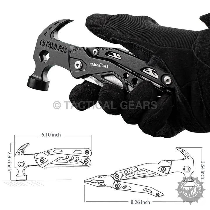 Black multitool with hammer and pliers, stainless steel, Carsen Tools 28-in-1 multi-purpose tool