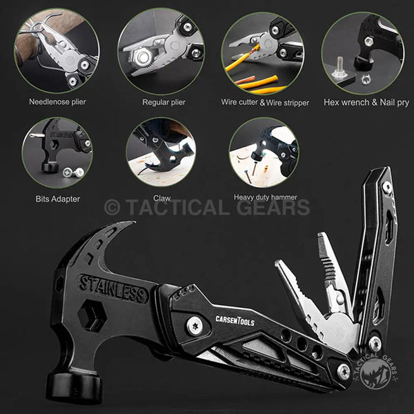 Black stainless steel 28-in-1 multi-purpose tool with hammer, pliers, and accessories