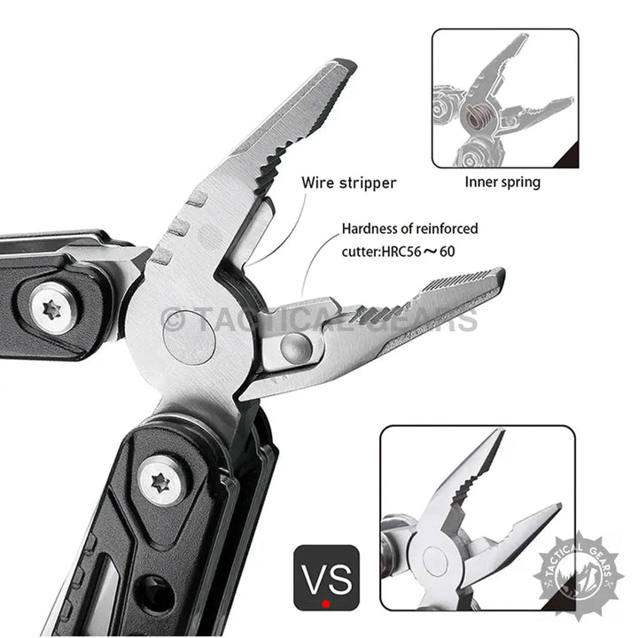 Multi-tool pliers with wire stripper reinforced cutter and inner spring for versatile use