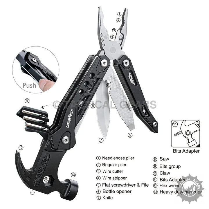 Black 28-in-1 Multi Purpose Tool with Pliers, Hammer, Knife, Saw, and Screwdriver Bits