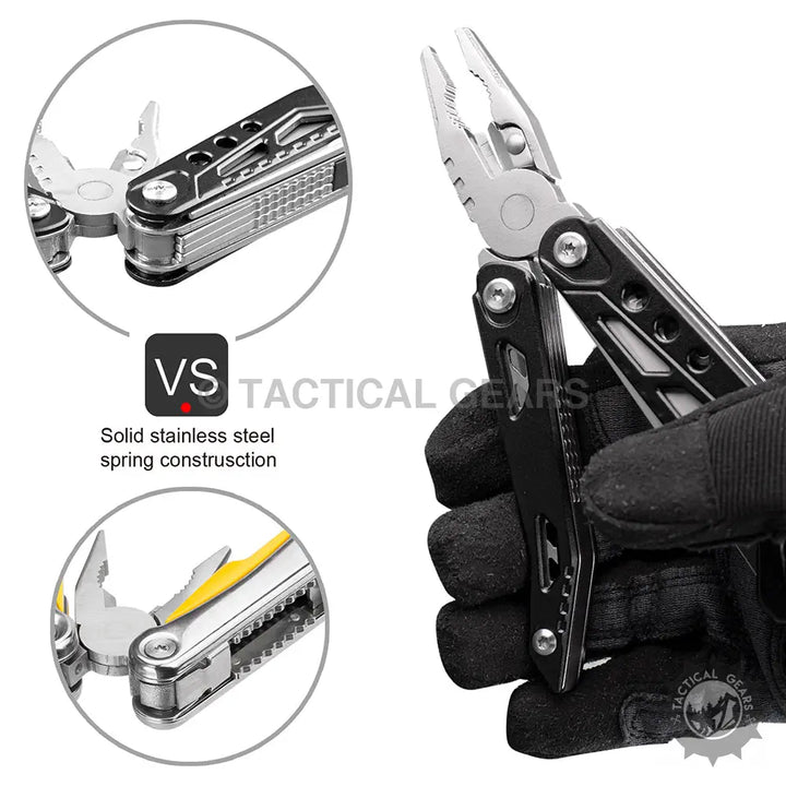Black and silver multi-tool pliers with fold-out tools and a hammer for versatile use