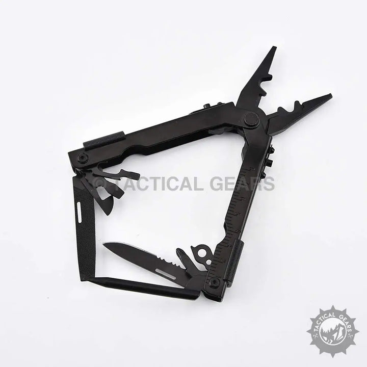 Black Gerber 5 in 1 Multitool with stainless steel pliers, knife, and fold-out tools