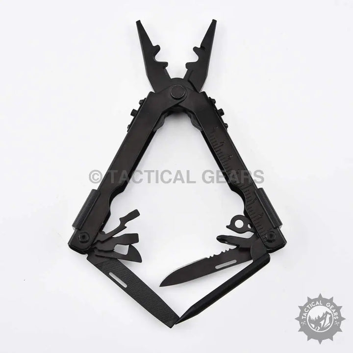 Black stainless steel multi tool with pliers, knives, and implements for versatile use
