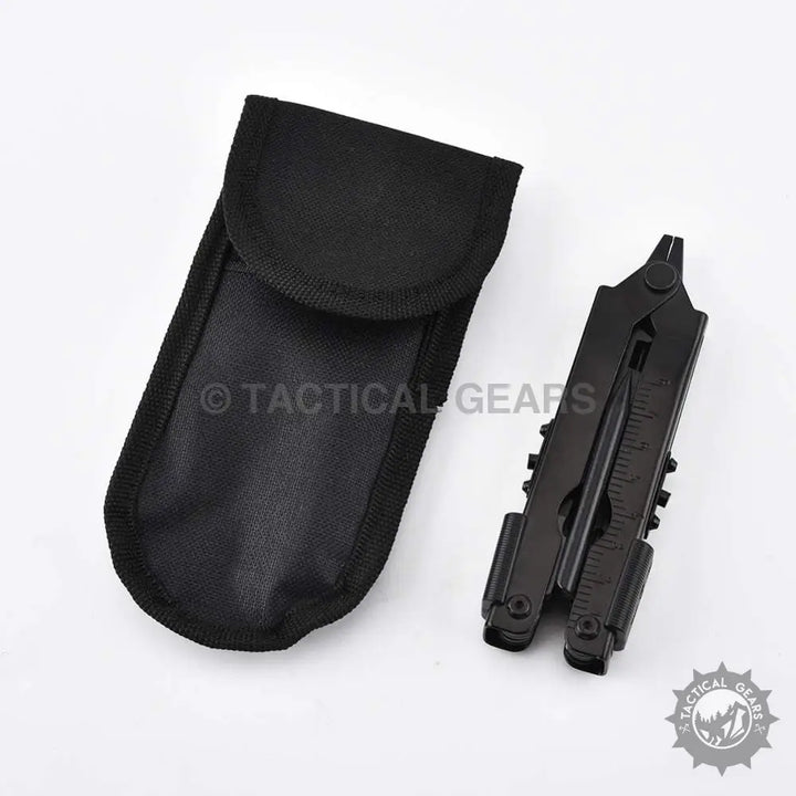 Black stainless steel multi tool with matching sheath for versatile multitasking