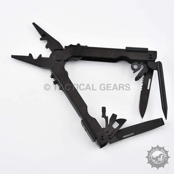 Black stainless steel multi tool with pliers knives and implements, Gerber 5 in 1 Multitool