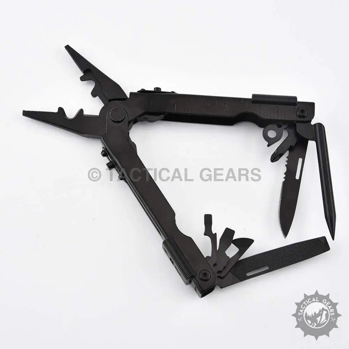 Black stainless steel multi tool with pliers knives and implements, Gerber 5 in 1 Multitool