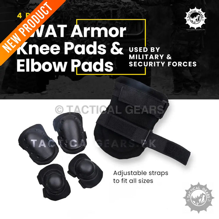 Black SWAT armor knee and elbow pads with adjustable straps for protection and comfort
