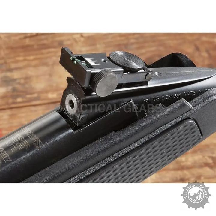 Close-up of Gamo Whisper Fusion Air Rifle rear sight and receiver for precision shooting