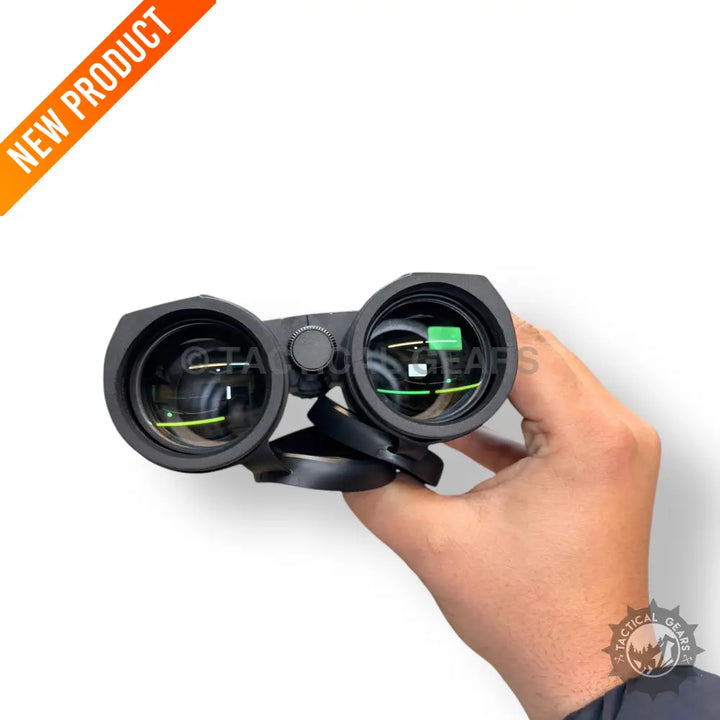 Black Tactical Portable Binocular with Green-Coated Lenses and Attached Lens Caps