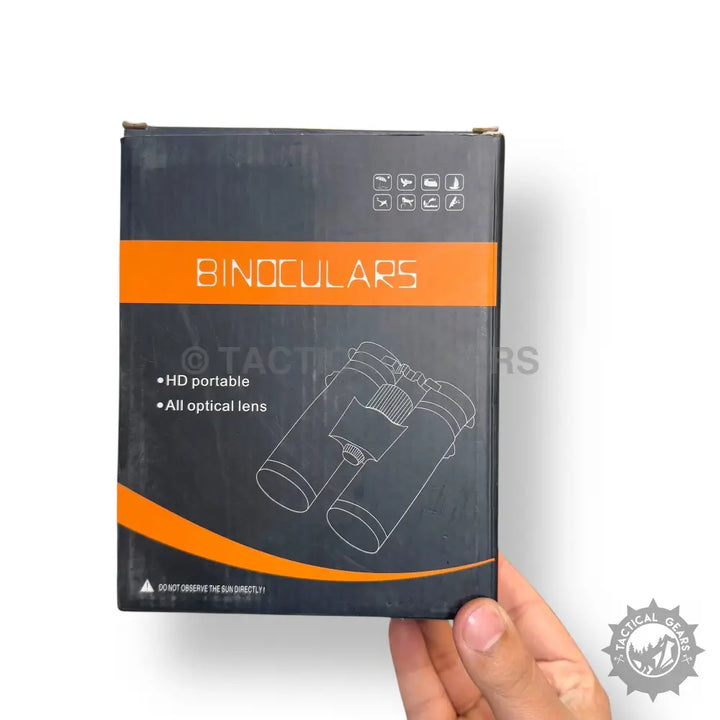 Black Tactical Portable Binocular in dark gray and orange packaging with HD portable and all optical lens features