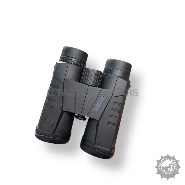 Black tactical portable binoculars with textured grips and central focus wheel