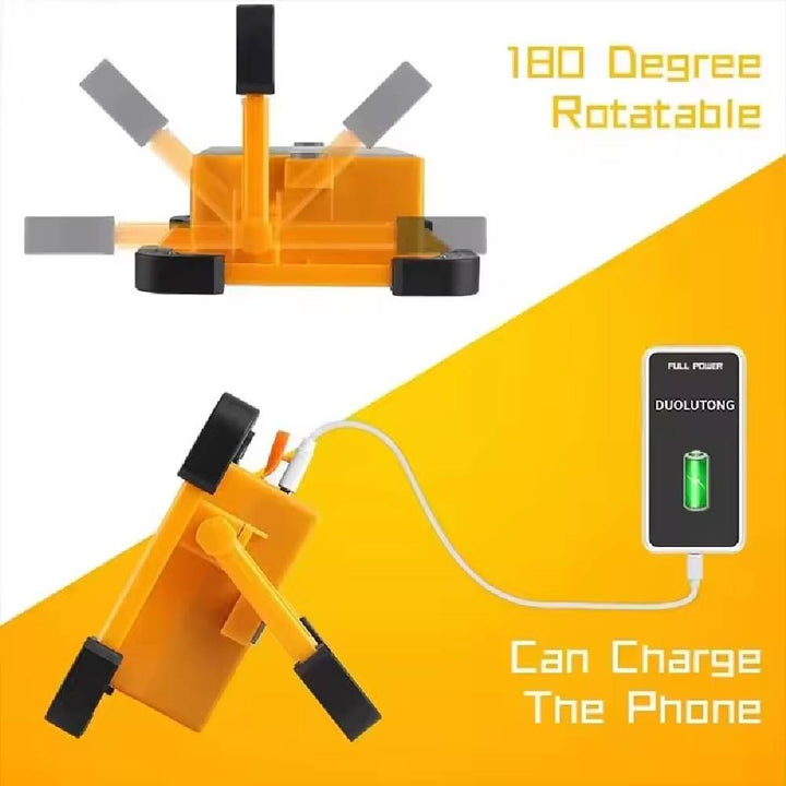 Orange portable solar flood light with 180-degree rotation and phone charging capability
